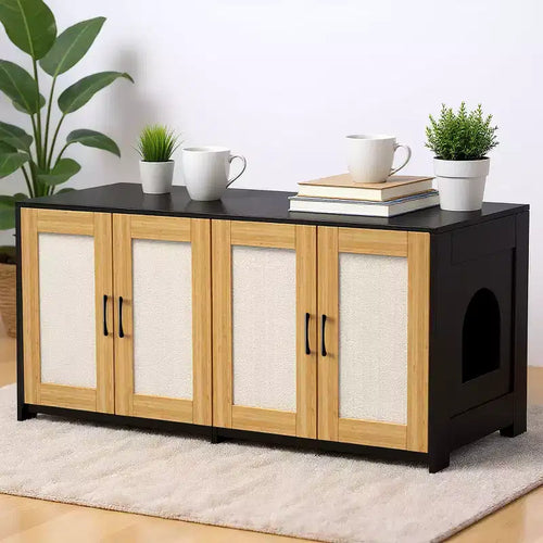 Double Litter Box Enclosure Furniture for 2 Cats | 47.2 Large Hidden Cabinet with Sisal Doors, Multi-Functional Cat TV Stand/Side Table