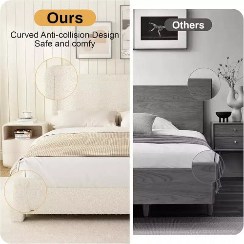 Dyonery Boucle Bed Frame, Modern Cream Bed Frame with Headboard, Soft Rounded Corners, No Box Spring Required, Adjustable Headboard, Easy Assembly