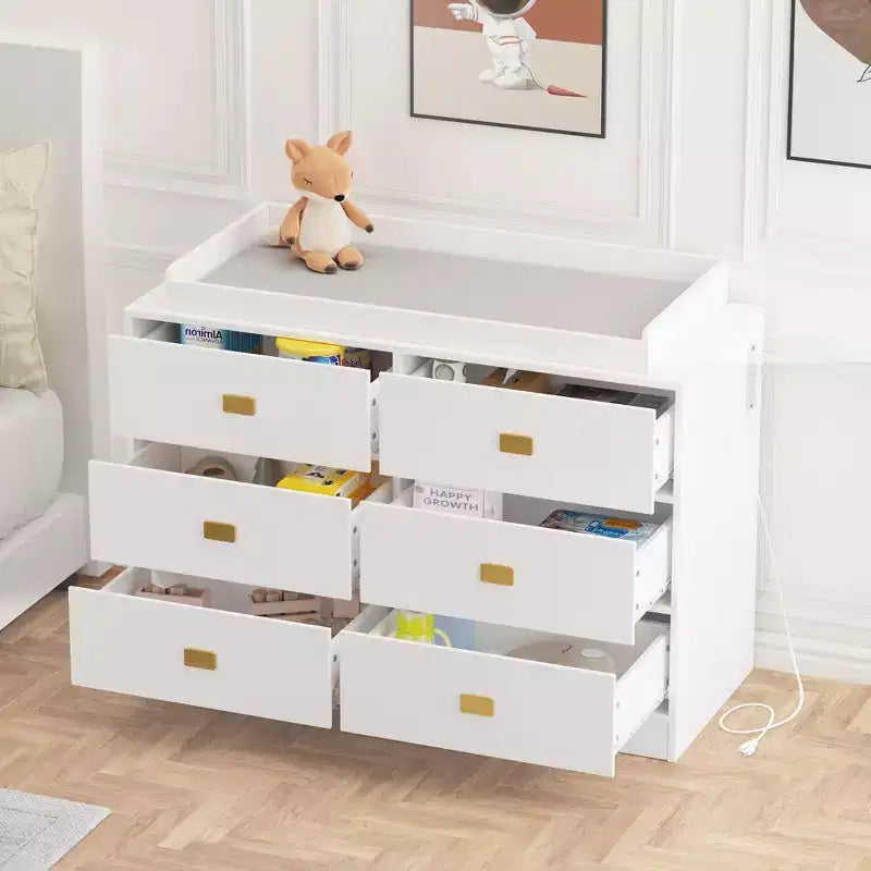 Coolmee Nursery Dresser with Changing Table Top, 6 Drawer Baby Dresser with Anti-Tip Kit, Waterproof Top and Safety Rails Storage Organizer