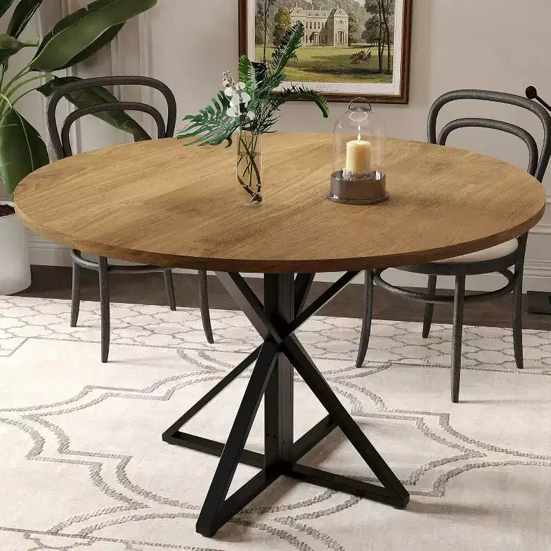47in Round Dining Table for 4, Wooden Kitchen Tables with Metal Pedestal & 4 Parts of Tabletop, Save Space, Circle Dinner Table for Home