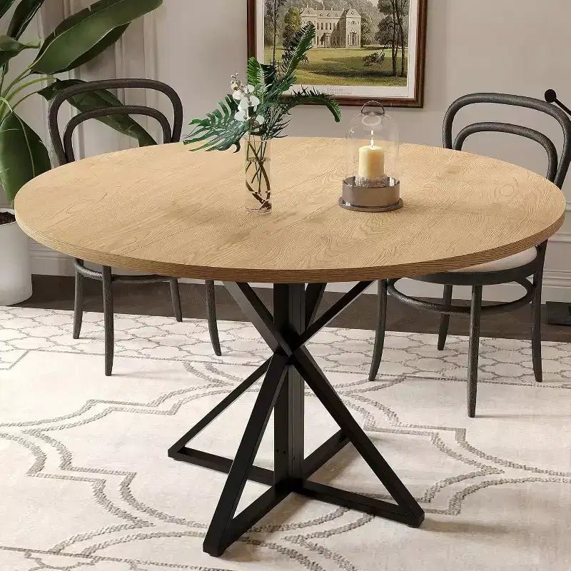 47in Round Dining Table for 4, Wooden Kitchen Tables with Metal Pedestal & 4 Parts of Tabletop, Save Space, Circle Dinner Table for Home