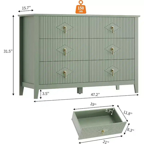 Acekool 47.2 6-Drawer Fluted Dresser, Modern Storage Chest for Bedroom, Living Room