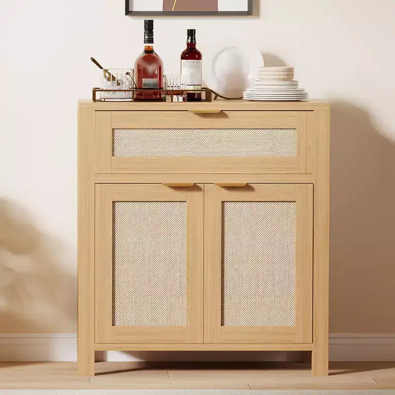 Sideboard Buffet Cabinet with Storage, Rattan Cabinet with Drawer and Door Accent with Adjustable Shelves Bar Console Table for Living Room Kitchen