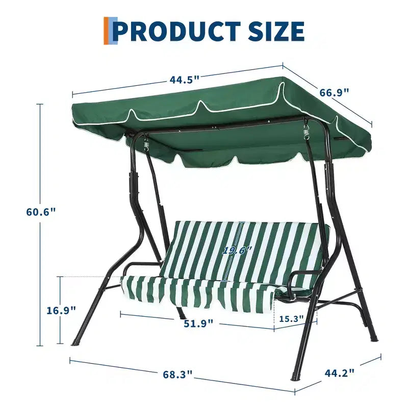 Weather-Resistant 3-Seat Outdoor Swing Chair, Adjustable Canopy, Heavy-Duty Steel Frame, UV & Waterproof, 500 lbs Capacity, for Backyard, Porch, Lawn