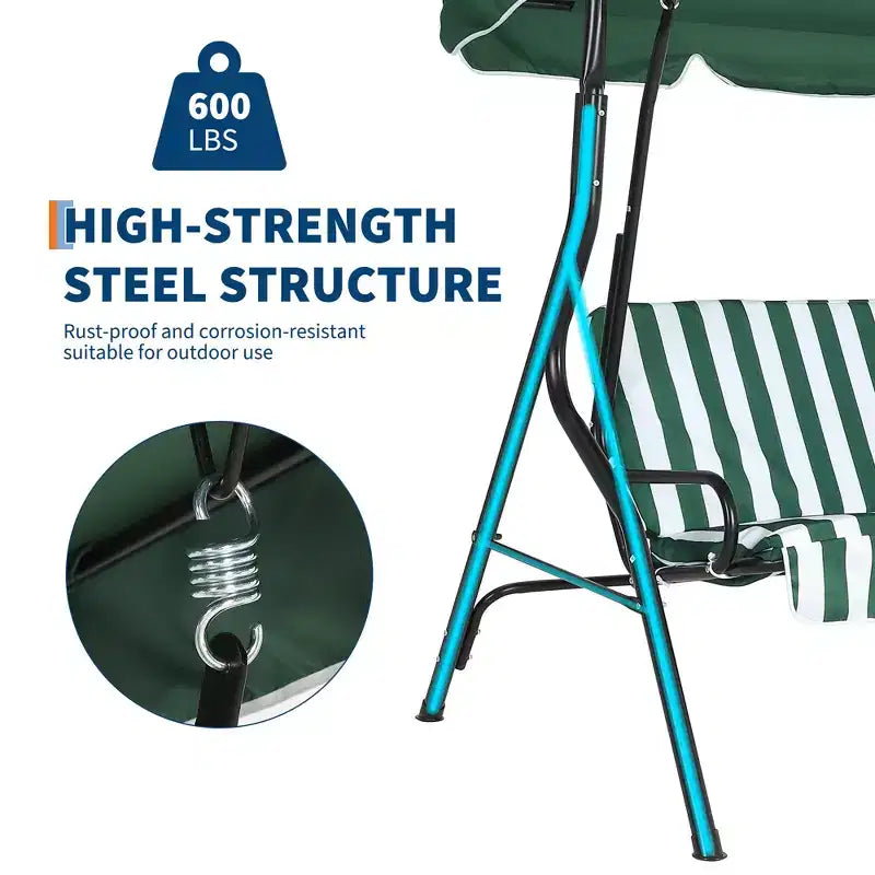Weather-Resistant 3-Seat Outdoor Swing Chair, Adjustable Canopy, Heavy-Duty Steel Frame, UV & Waterproof, 500 lbs Capacity, for Backyard, Porch, Lawn