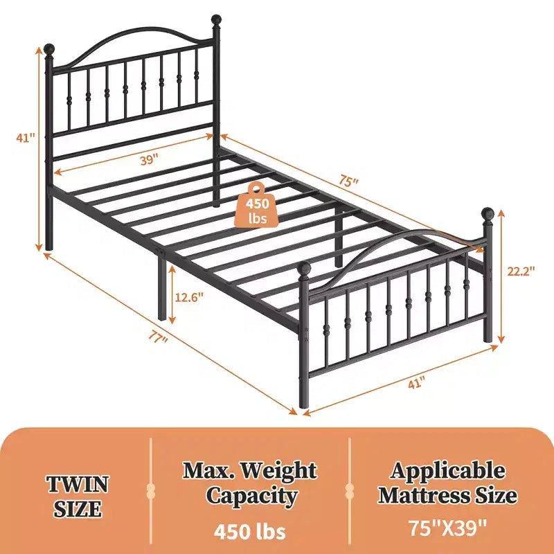Metal Platform Bed Frame, Victorian Vintage Headboard & Footboard, Noise-Free Mattress Foundation with Steel Slat Support, No Box Spring Needed