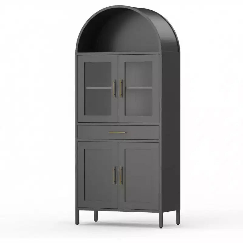 73 Tall Arched Kitchen Pantry, Wood Kitchen Storage with Tempered Glass Doors and Adjustable Shelves, Bookcase Cabinet with Storage for Dining Room