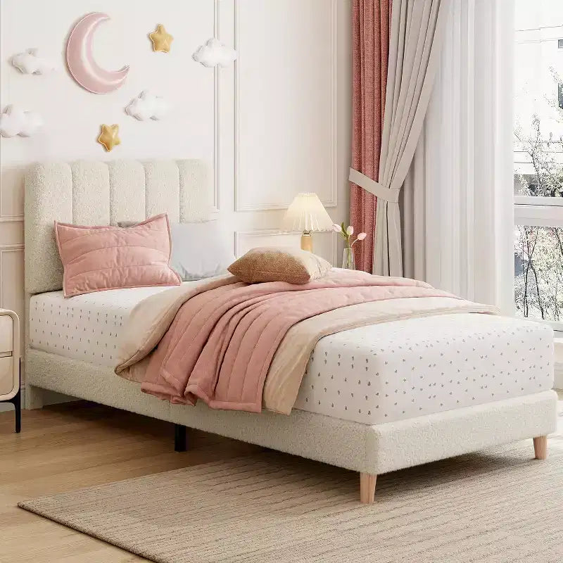 Twin Platform Bed Frame, Upholstered Soft Headboard, Wooden Slats, No Box Spring Needed, Noise-Free, for Bedroom Furniture