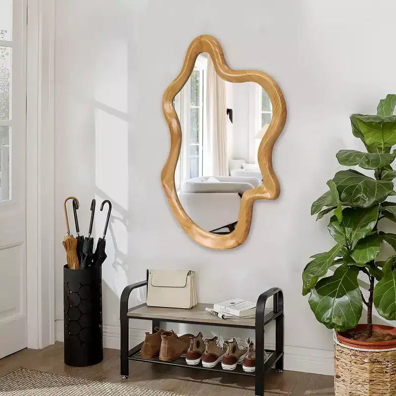 Whisen Irregular Wood Frame Wall Mirror, Modern Bohemian Decorative Wall Mirror for Bathroom Bedroom Entryway - Natural Wood