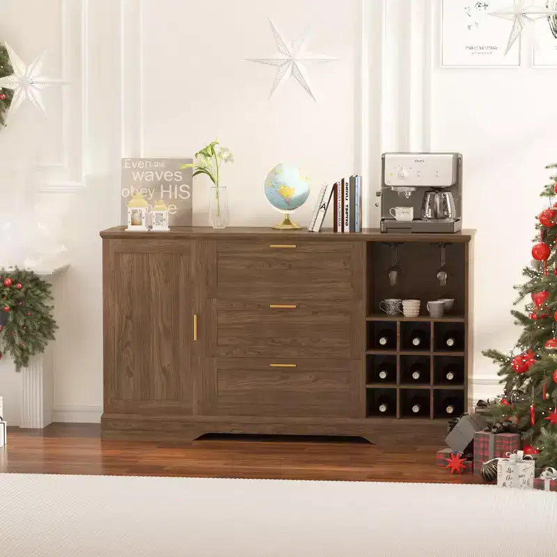 63 Inch Farmhouse Sideboard Buffet, Drawer Adjustable Shelves, Wine Racks Storage, for Kitchen, Home