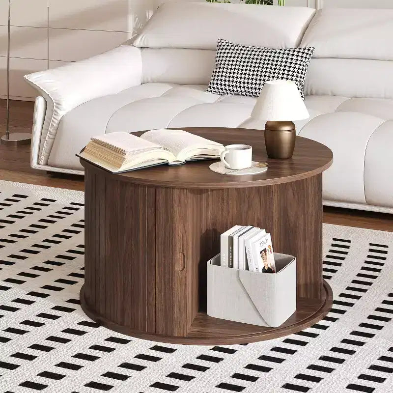 28 Round Modern Fluted Wood Coffee Table with Storage Curved Sliding Round Drum Table Door Open Shelf Space-Saving End Table for Living Room