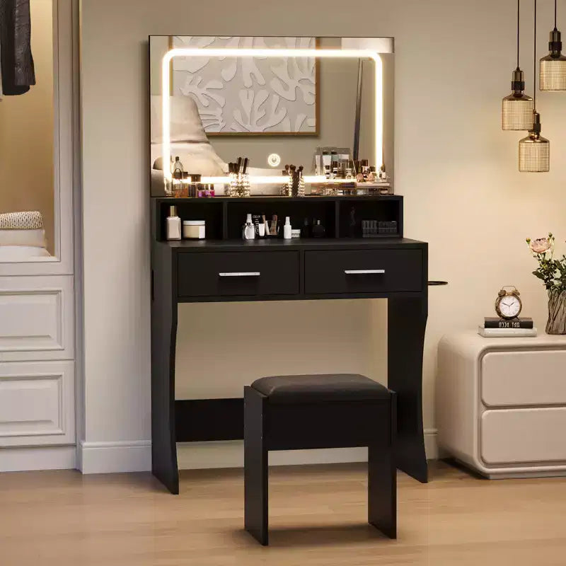 Vanity Desk Set with 31.5 LED Mirror and Lights, Makeup Vanity Table with 2 Drawers, Stool, Power Outlet, 3 Color Lighting Modes, for Bedroom, Black