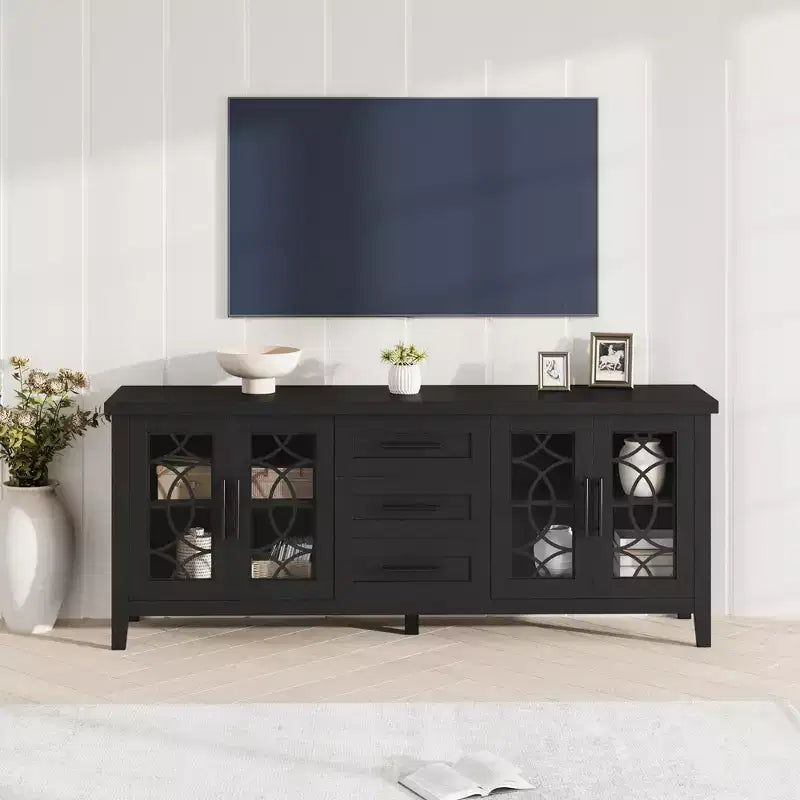 Farmhouse TV Stand with Glass Door for 70 In TV, TV Stand with 3 Drawer, Rustic Entertainment Center, Television Stands for Living Room Bedroom