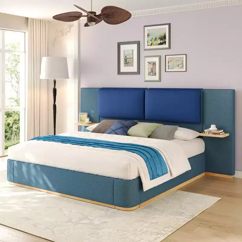 Whisen Upholstered Platform Bed Frame, Anti-Collision, Soft Rounded Corners, with Side Storage Shelves, PU Cushioned Headboard