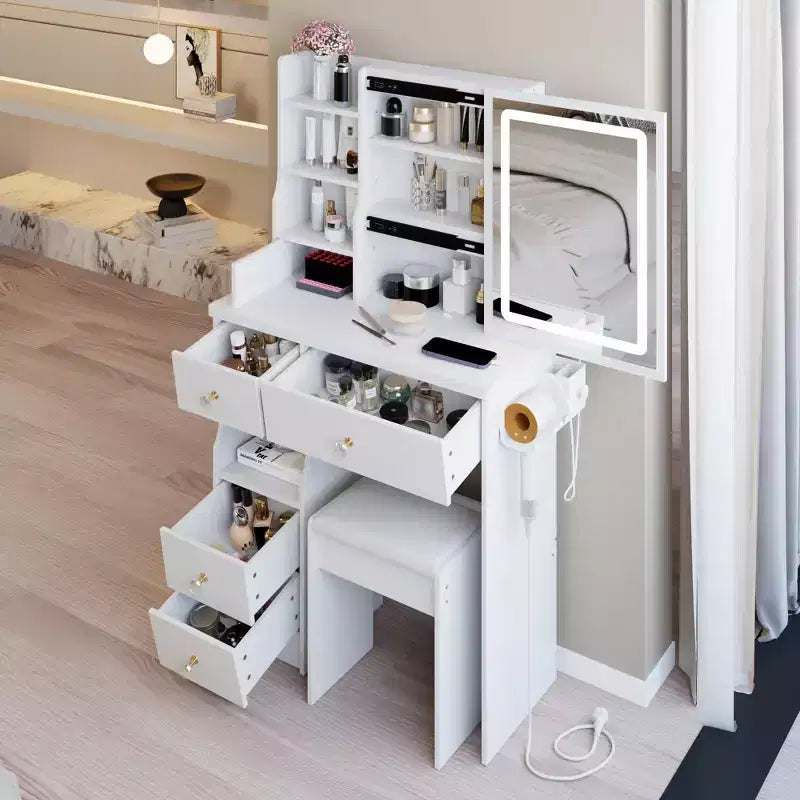 29.2-Inch Natural Vanity Desk with LED Mirror, Organized Storage, Built-In Power Hub, Hair Dryer Stand, and Hair Dryer Bracket for Small Spaces