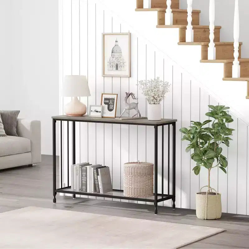 Table d'appoint à cadre métallique, étagère en verre étroite et fine