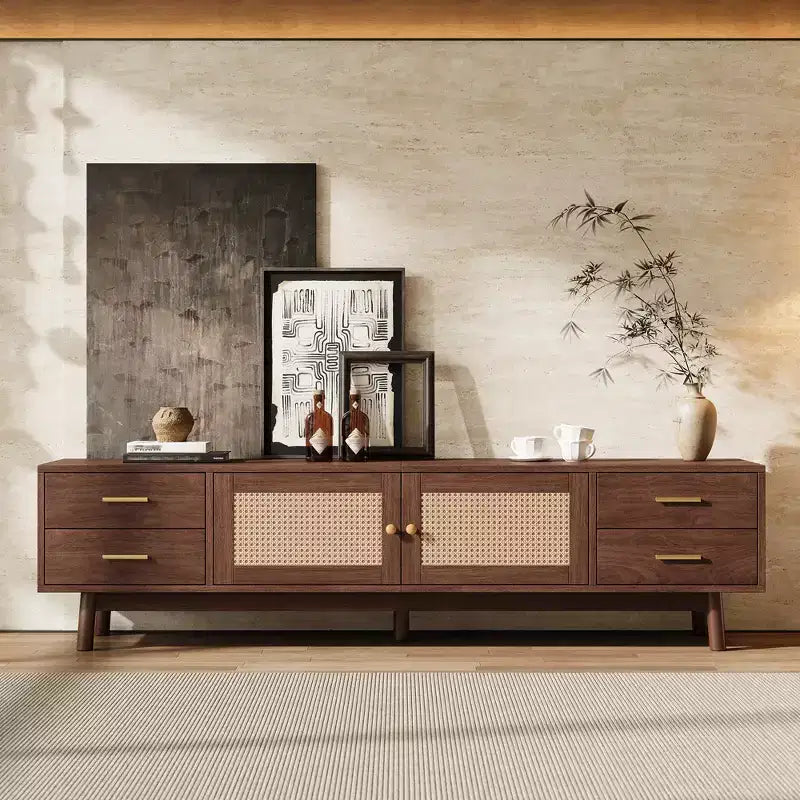 ModernLuxe 70 Modern Rattan TV Stand, Media Console for TVs up to 80, Entertainment Center with 4 Drawers & Cable Management, Dark Brown