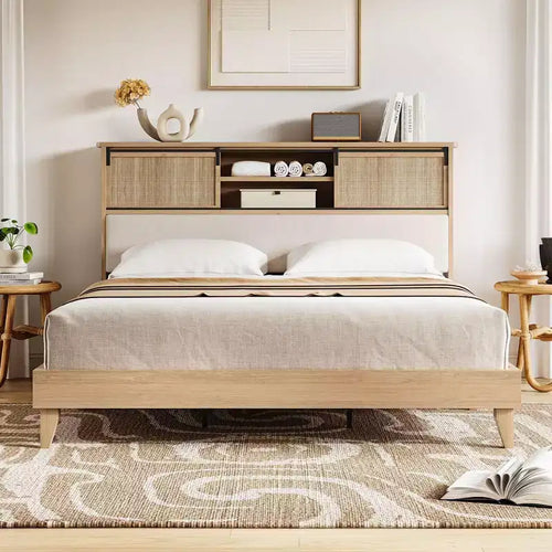 King Size Rattan Bed Frame with Headboard Shelves, Boho Platform Bed with Sliding Door Storage,Wood Foundation with Silent Slats, No Box Spring Needed