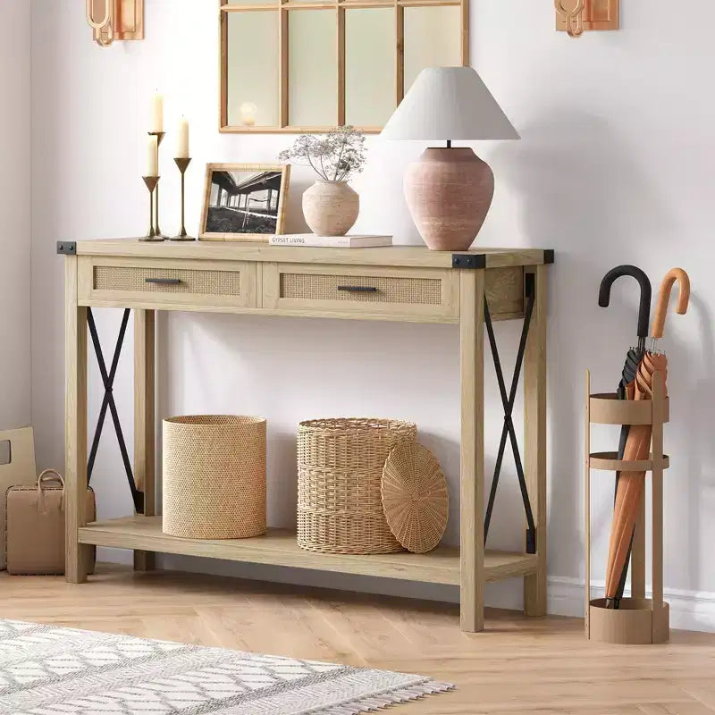 Table de chevet en rotin de style champêtre avec tiroirs