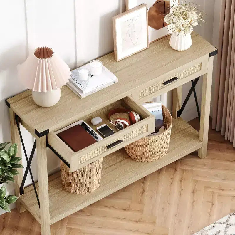 Table de chevet en rotin de style champêtre avec tiroirs