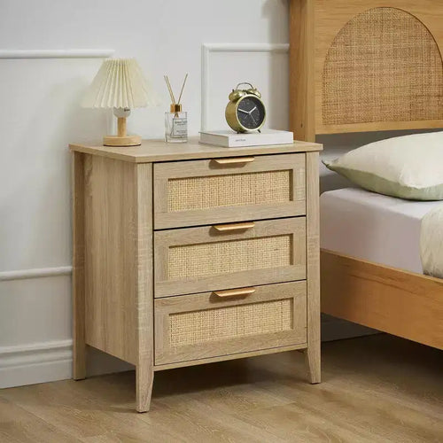Boho Wood Nightstand w/ 3 Rattan Drawers, Mid-Century Modern Bedside Table, Wicker Accent End Table Storage Cabinet for Bedroom & Living Room